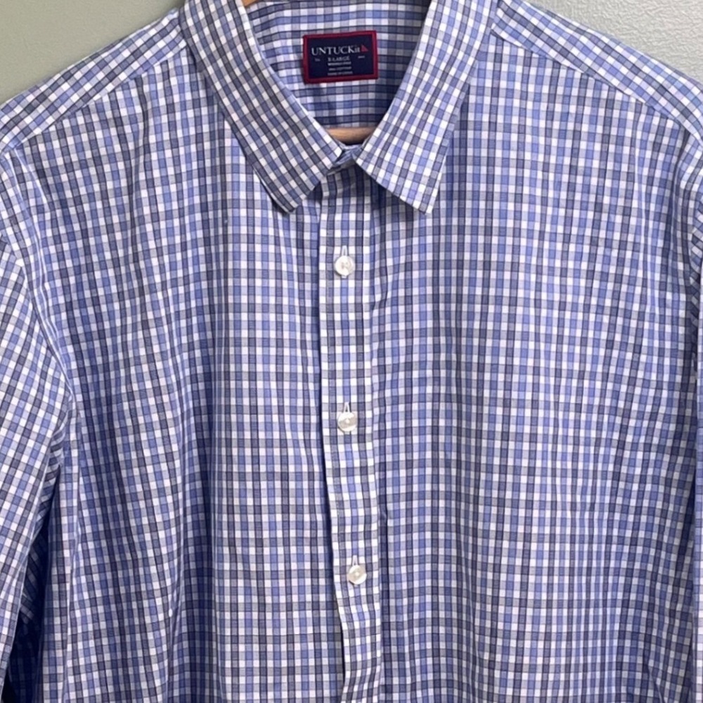 Untuckit Blue White Check Wrinkle Free Long Sleeve Button Shirt Size XL